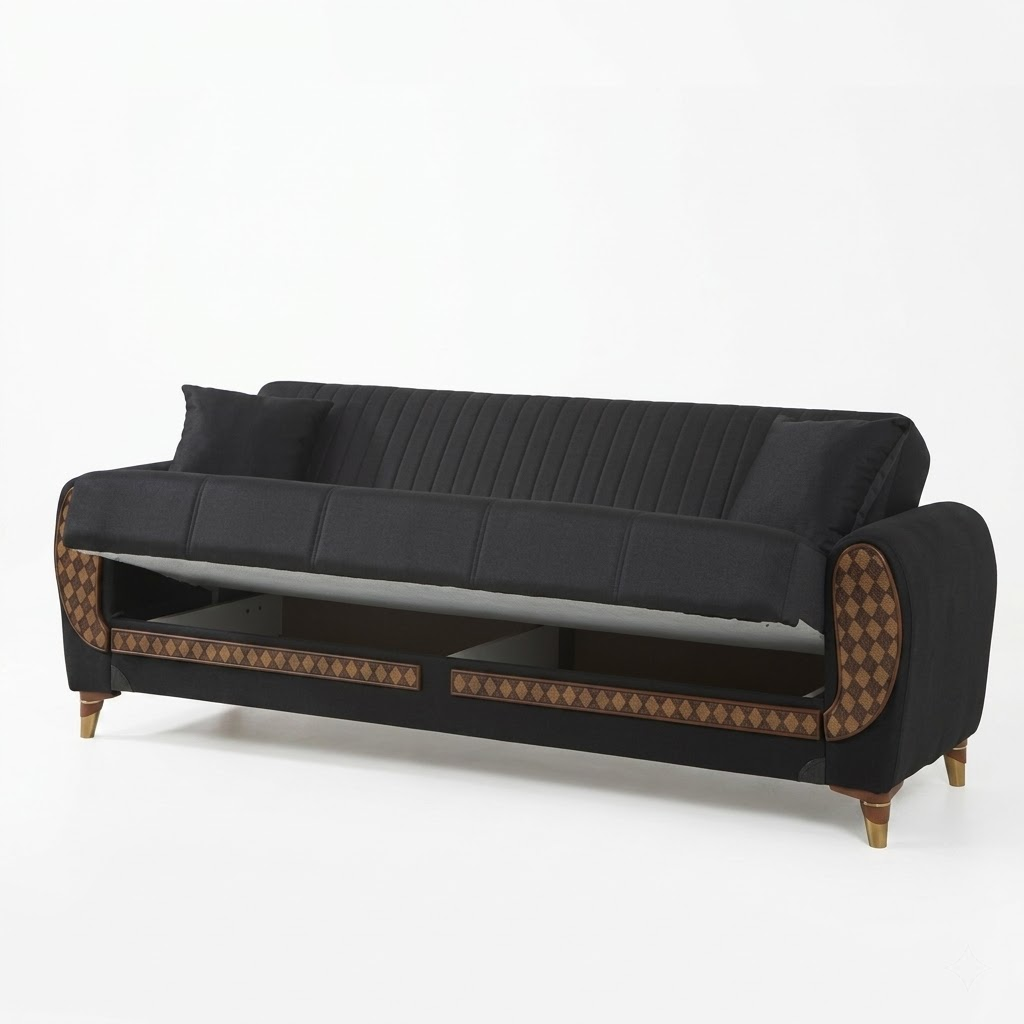 Black sofa with decorative armrests on a white background