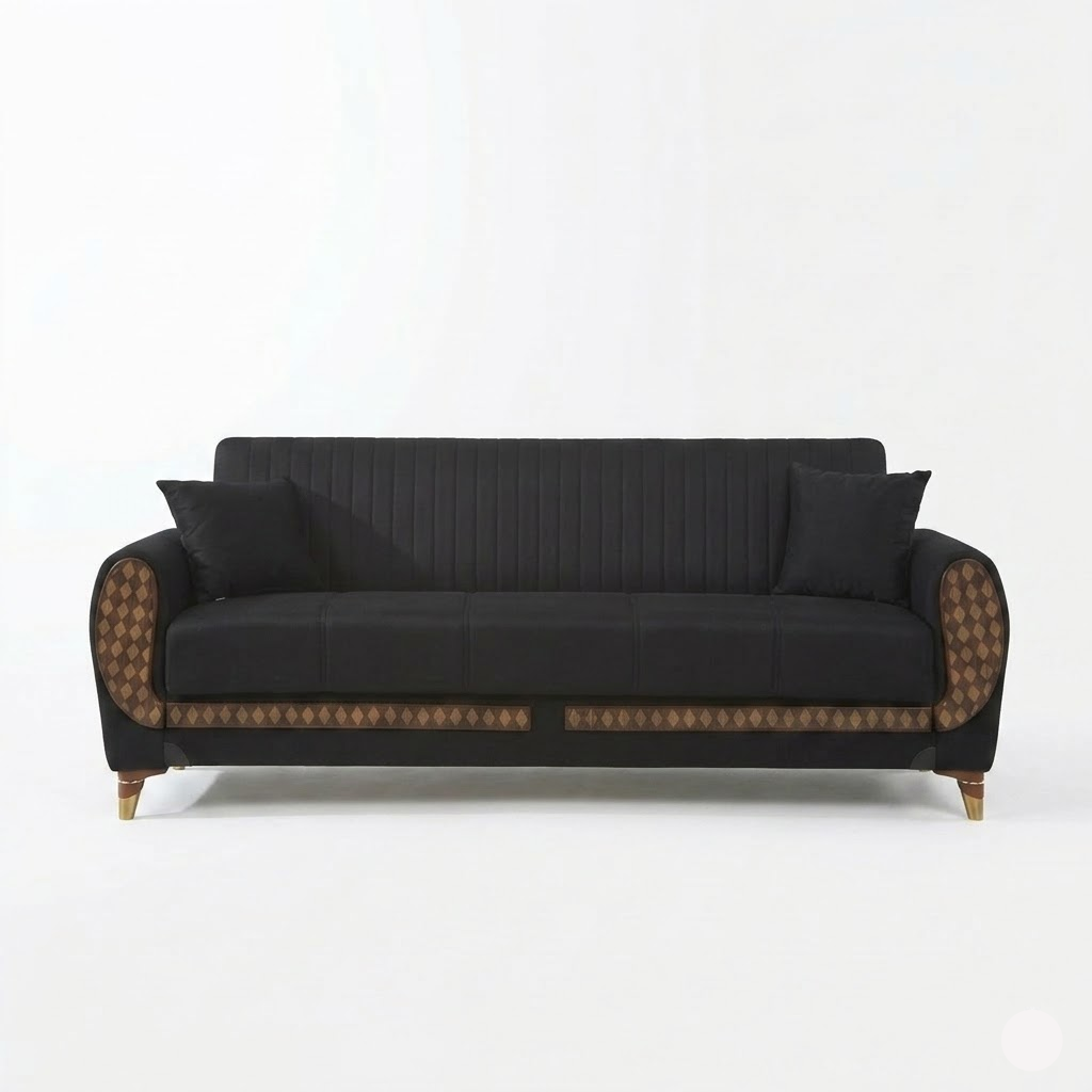 Black sofa with decorative armrests on a white background
