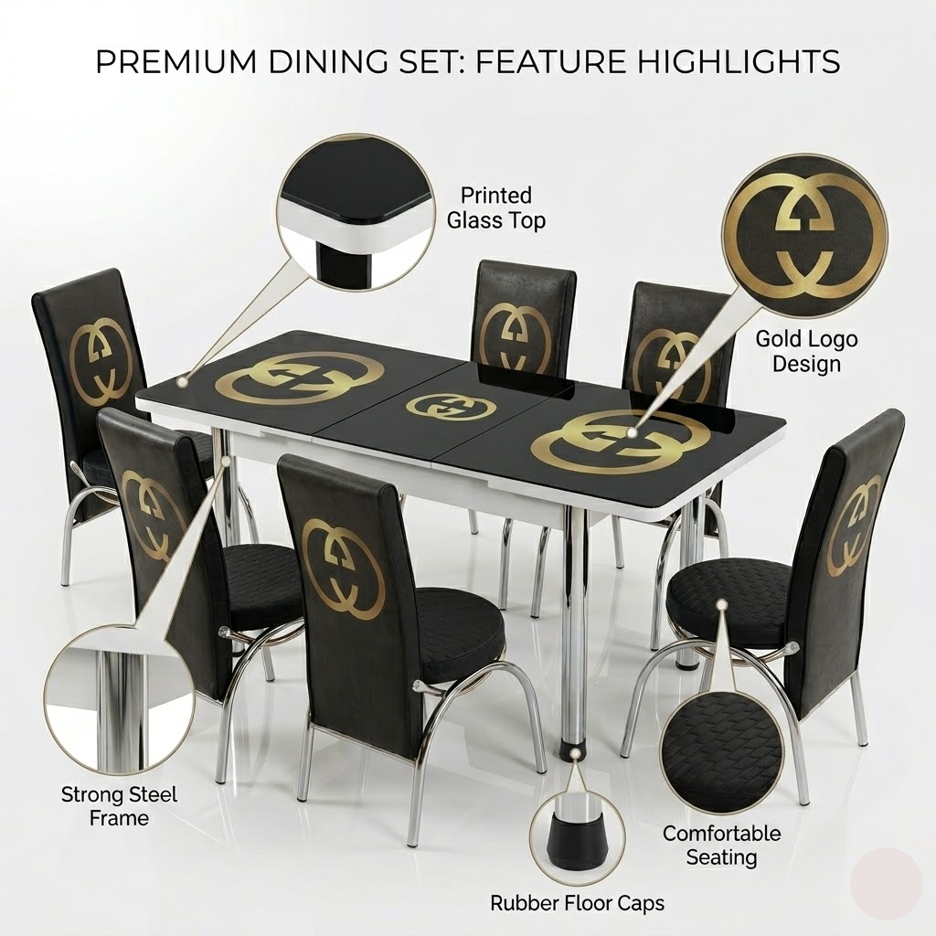 Dining set with table and chairs featuring gold logo design on a white background