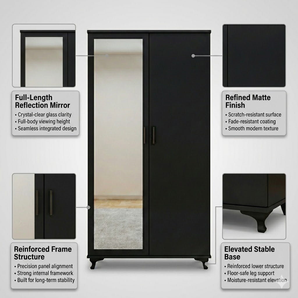 Modern Two-Door Wardrobe with Mirror for Bedroom Storage