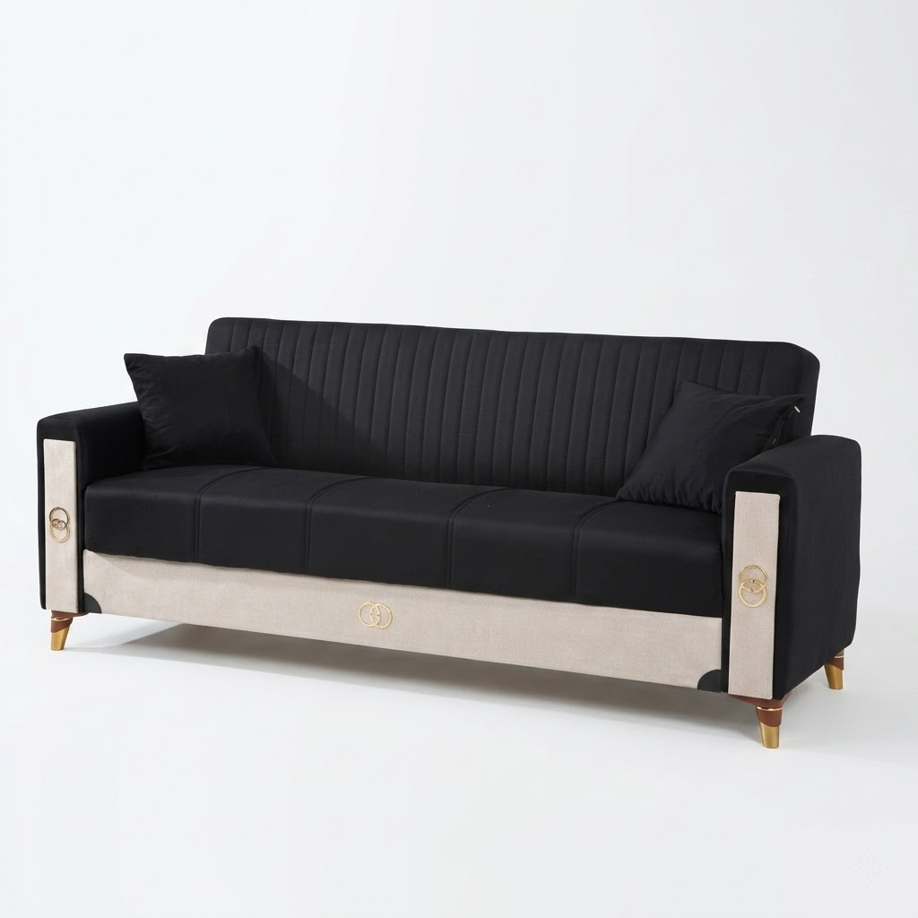 Black sofa with beige accents on a white background