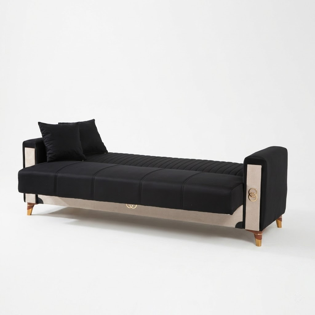 Black sofa bed with wooden legs on a white background