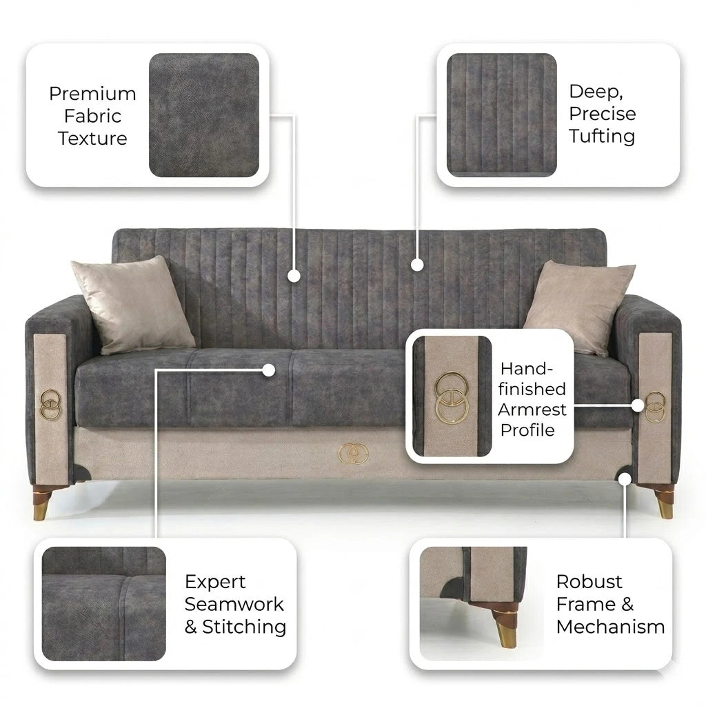 Gray sofa with features highlighted on a white background