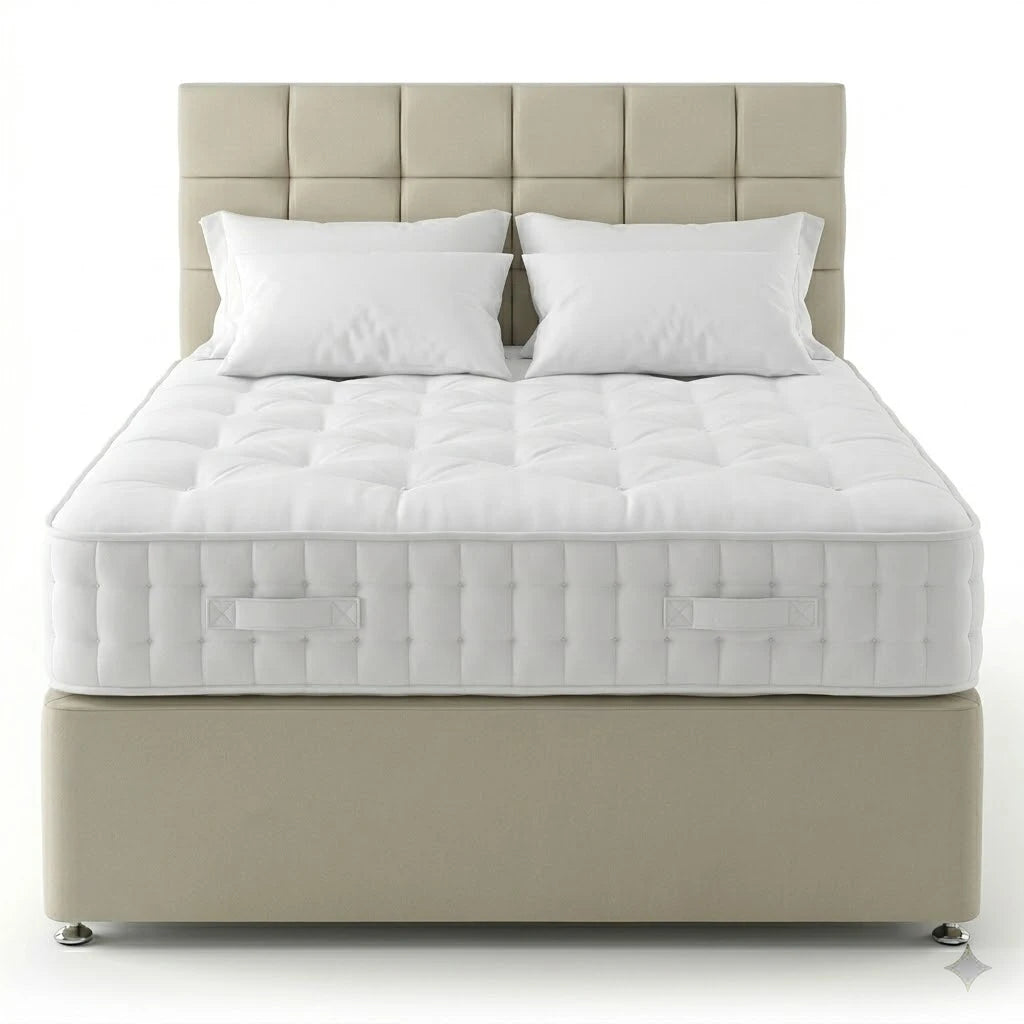 Beige bed frame with white mattress and pillows on a white background