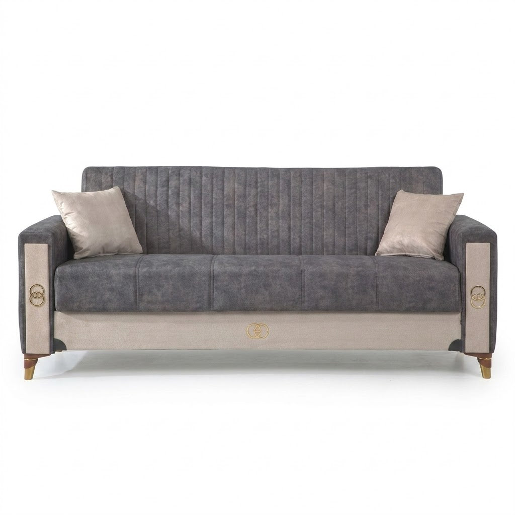Gray sofa with beige cushions on a white background