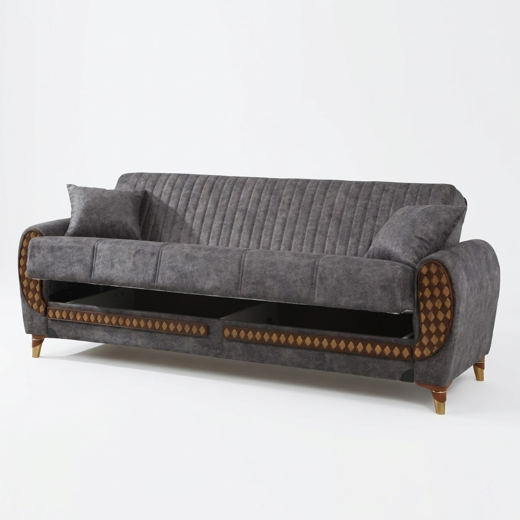 Gray sofa with decorative armrests on a white background