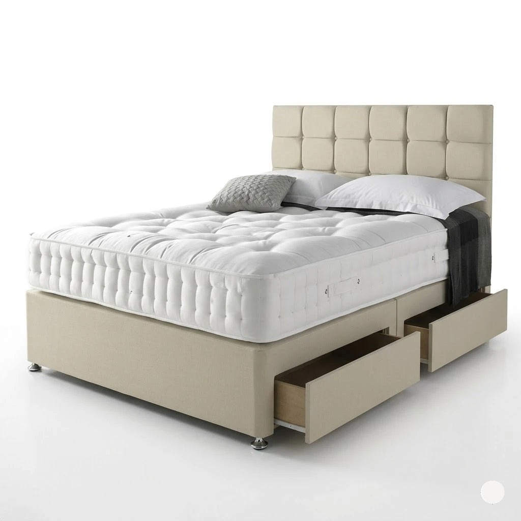 Beige upholstered bed with white mattress and storage drawers on a white background