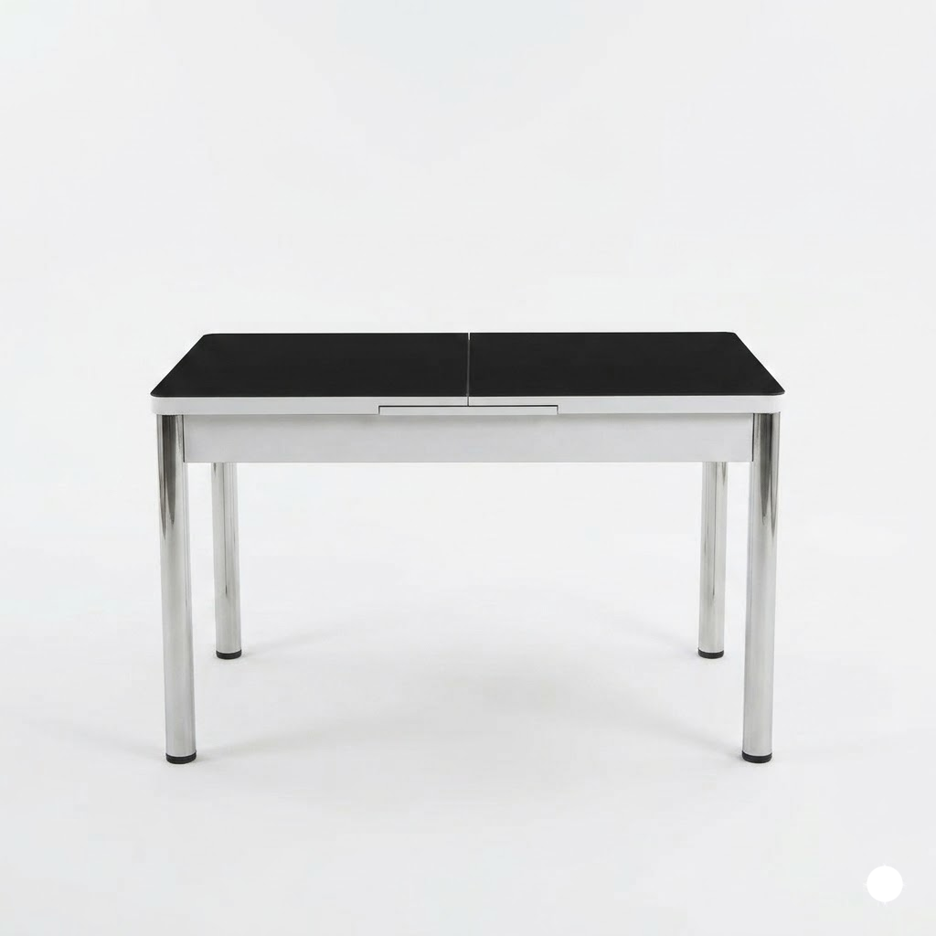 Black dining table with silver legs on a white background