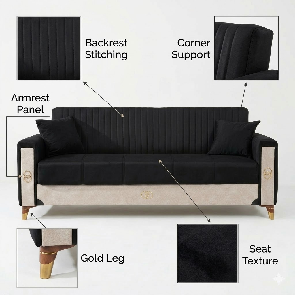 Black sofa with labeled features on a white background