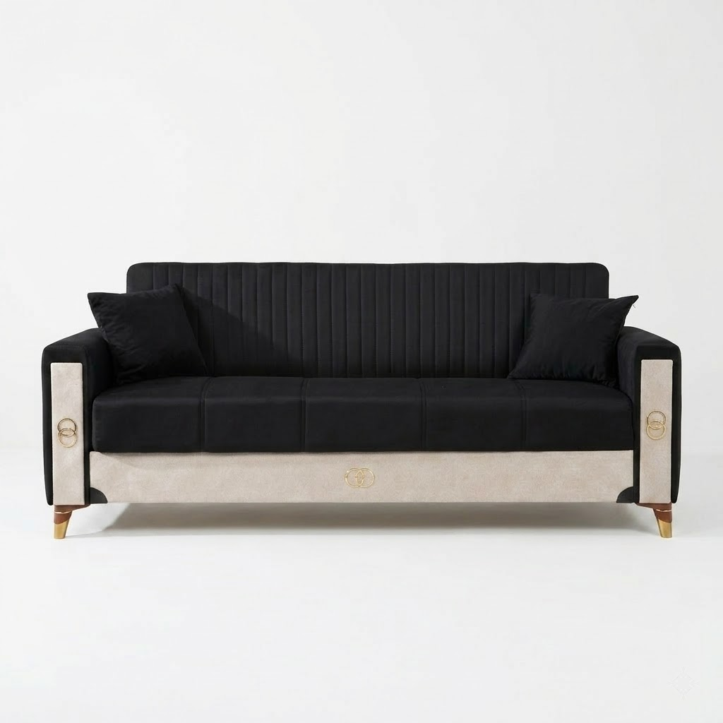 Black sofa with decorative armrests on a white background