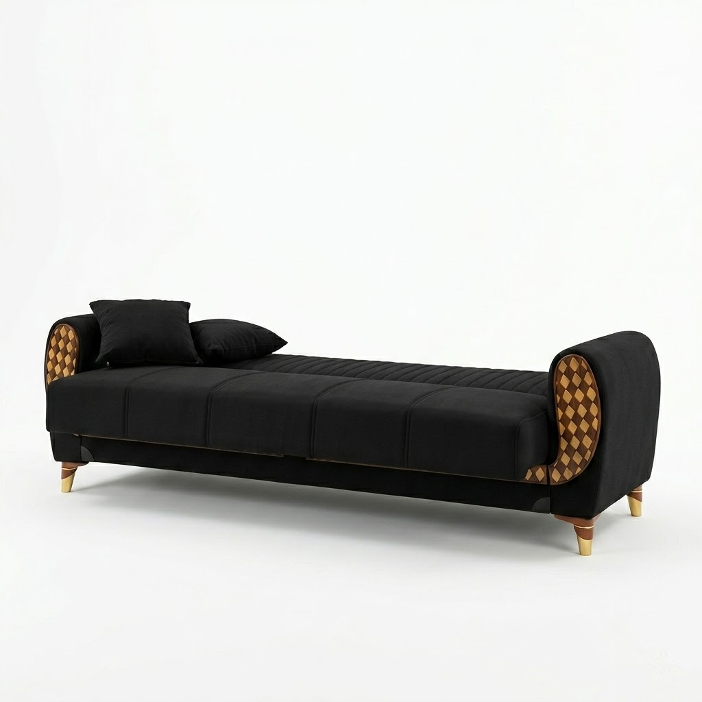 Black sofa with wooden armrests on a white background
