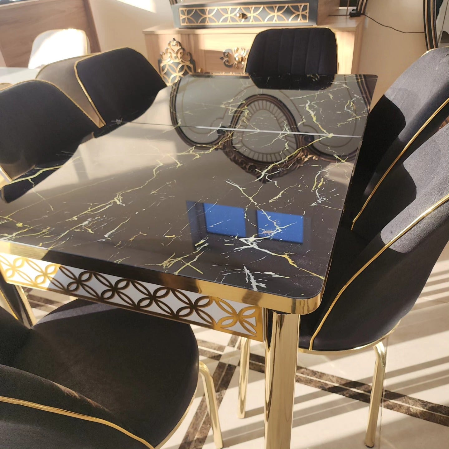 Luxury Black and gold Dining table with 6 chairs