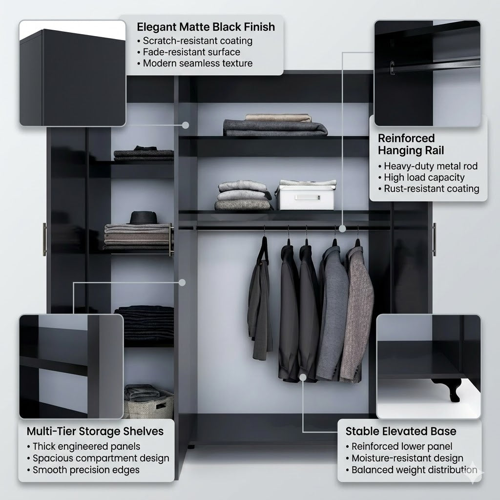 Three-Door Wardrobe with Full-Length Mirror for Bedroom Storage