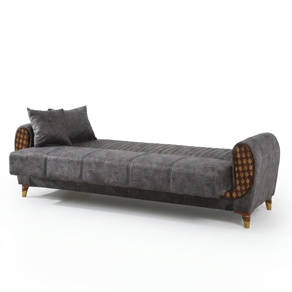 Gray sofa bed with wooden legs on a white background