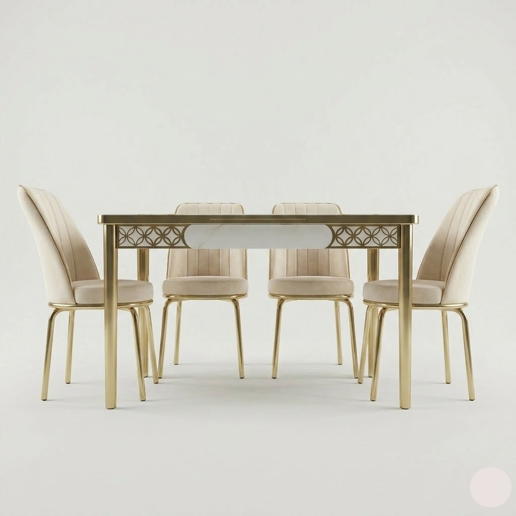 Dining table set with four chairs on a light gray background