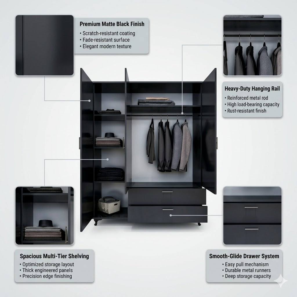 Modern Black Three-Door Wardrobe with Mirror, Drawers &amp; Shelves for Bedroom Storage