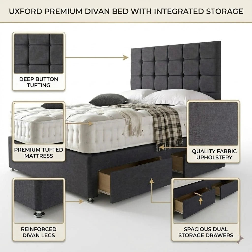 Uxford premium divan bed with integrated storage features highlighted.