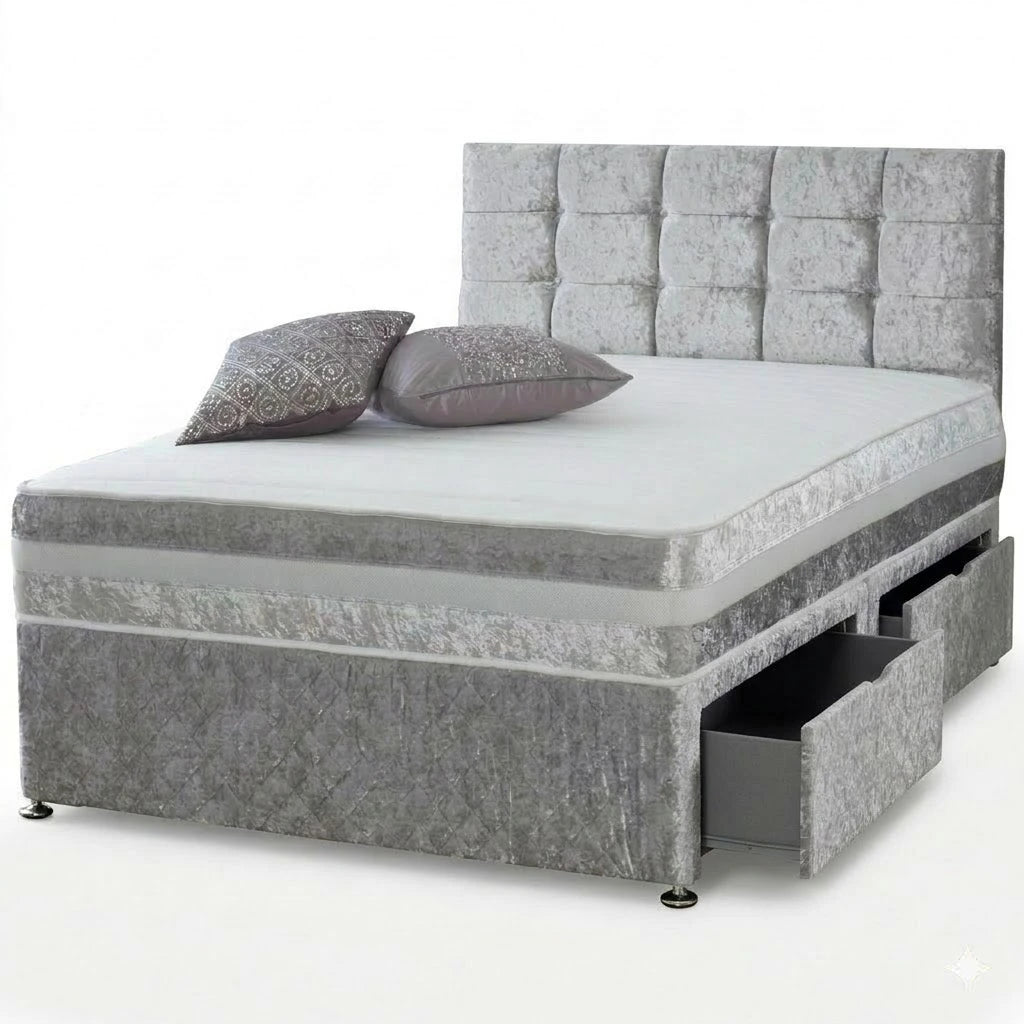 Gray upholstered bed with tufted headboard and storage drawers on a white background