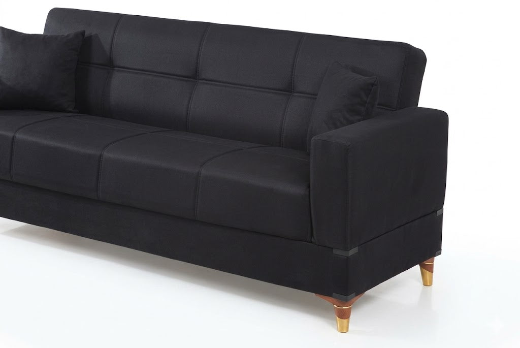 Black sofa with wooden legs on a white background