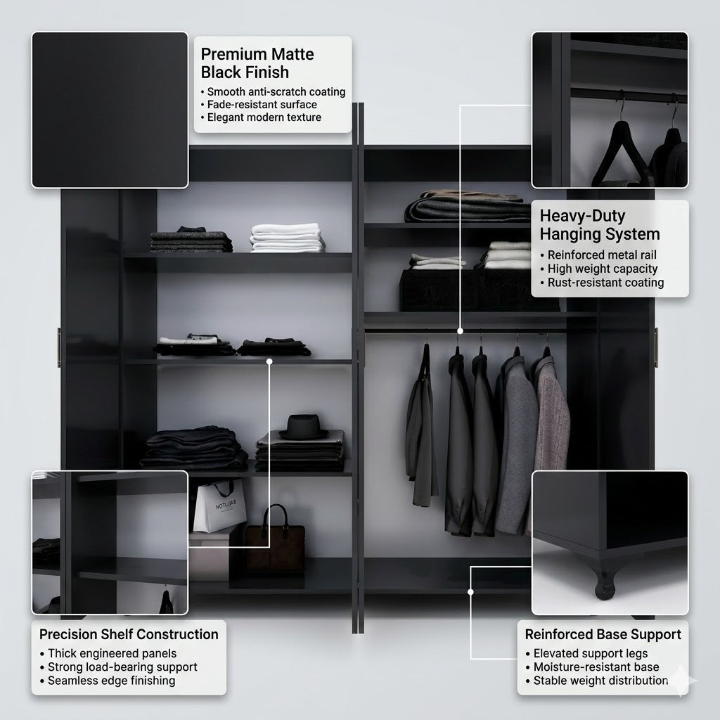 Four-Door Wardrobe with Double Mirrors and Large Storage