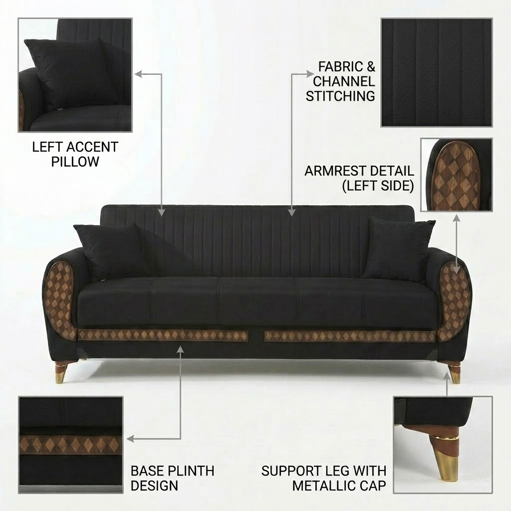 Black sofa with detailed features labeled on a white background
