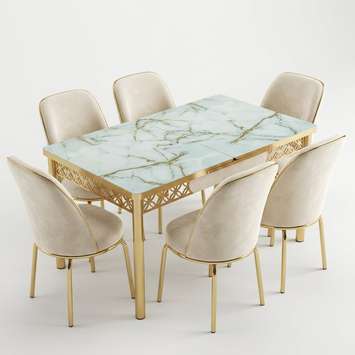 Luxury Cream 6-Seater Extendable Dining Table Set with Printed Glass Top