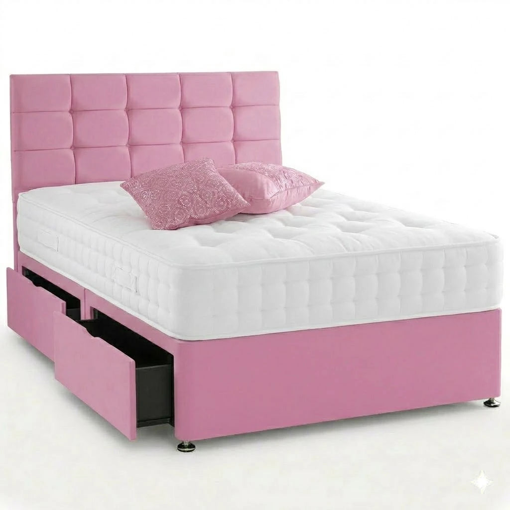 Pink bed with white mattress and pillows on a white background