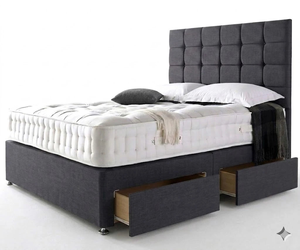 Gray upholstered bed with tufted headboard and storage drawers on a white background