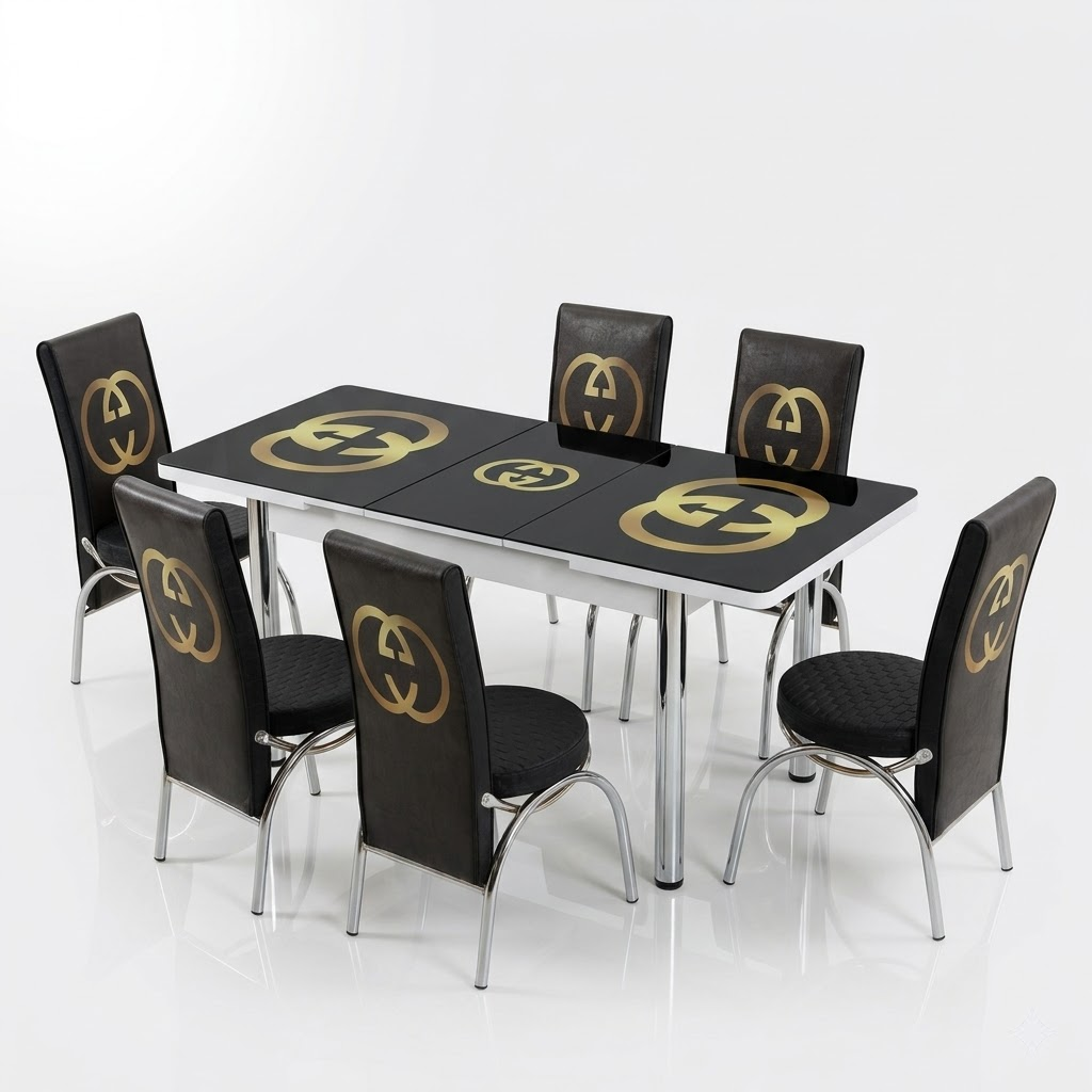 Dining table set with black chairs featuring gold pumpkin designs on a white background