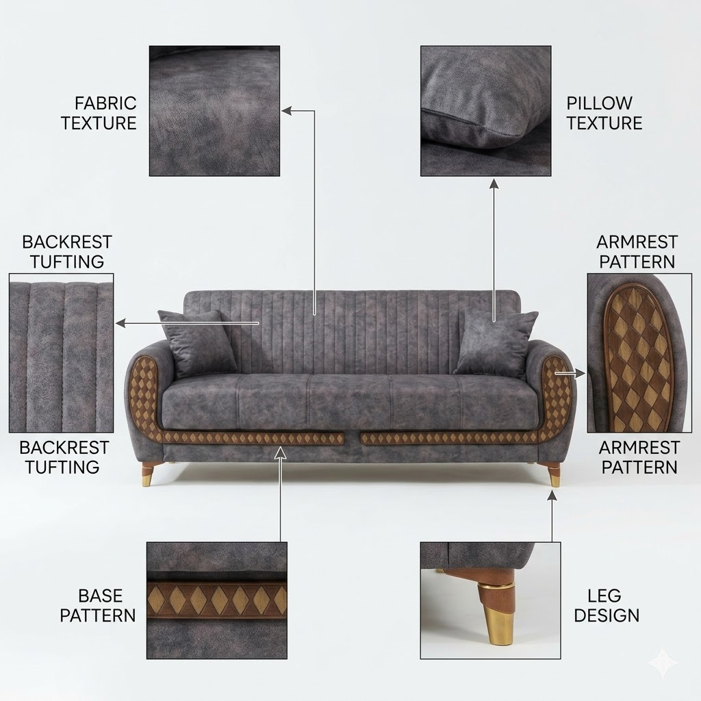 Gray sofa with close-up details on fabric texture, pillow texture, backrest tufting, armrest pattern, base pattern, and leg design.