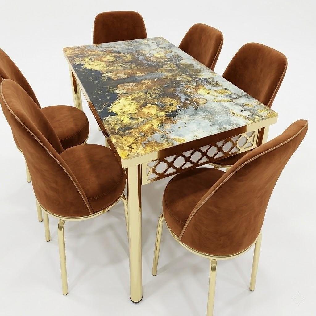 Luxury Gold Dining Set with Premium Velvet Chairs and Printed Glass Top