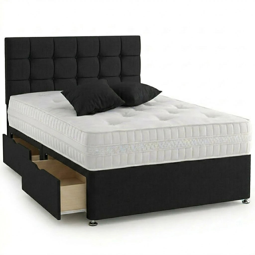 Black upholstered bed with white mattress and black pillows on a white background