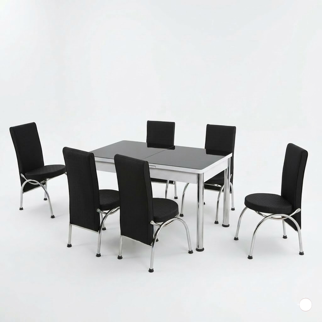 Dining table set with six black chairs on a white background