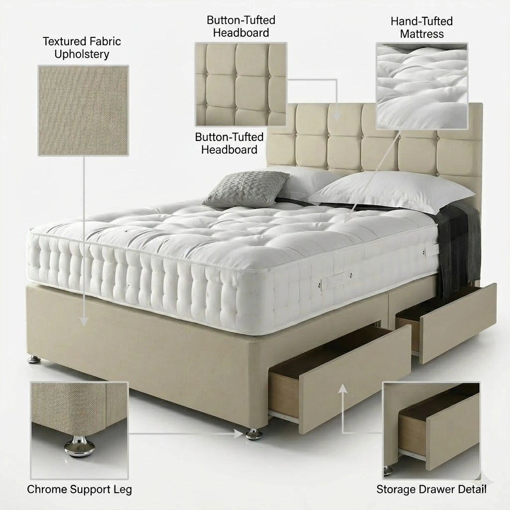 Beige upholstered bed with button-tufted headboard and mattress, featuring textured fabric, chrome support leg, and storage drawer.