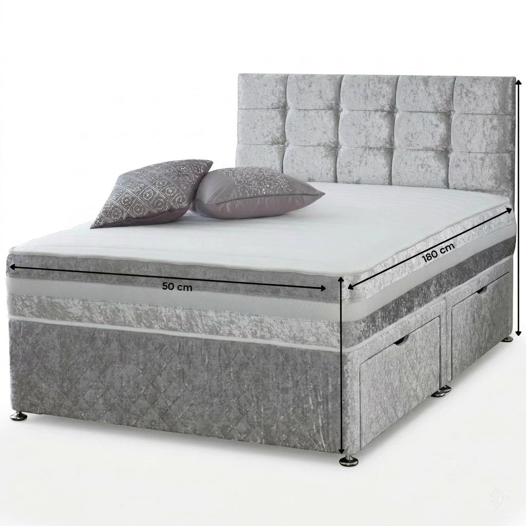 Gray upholstered bed with mattress dimensions on a white background