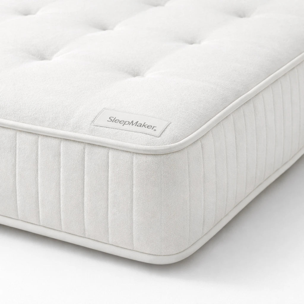 White mattress with 'SleepMaker' branding on a light gray background