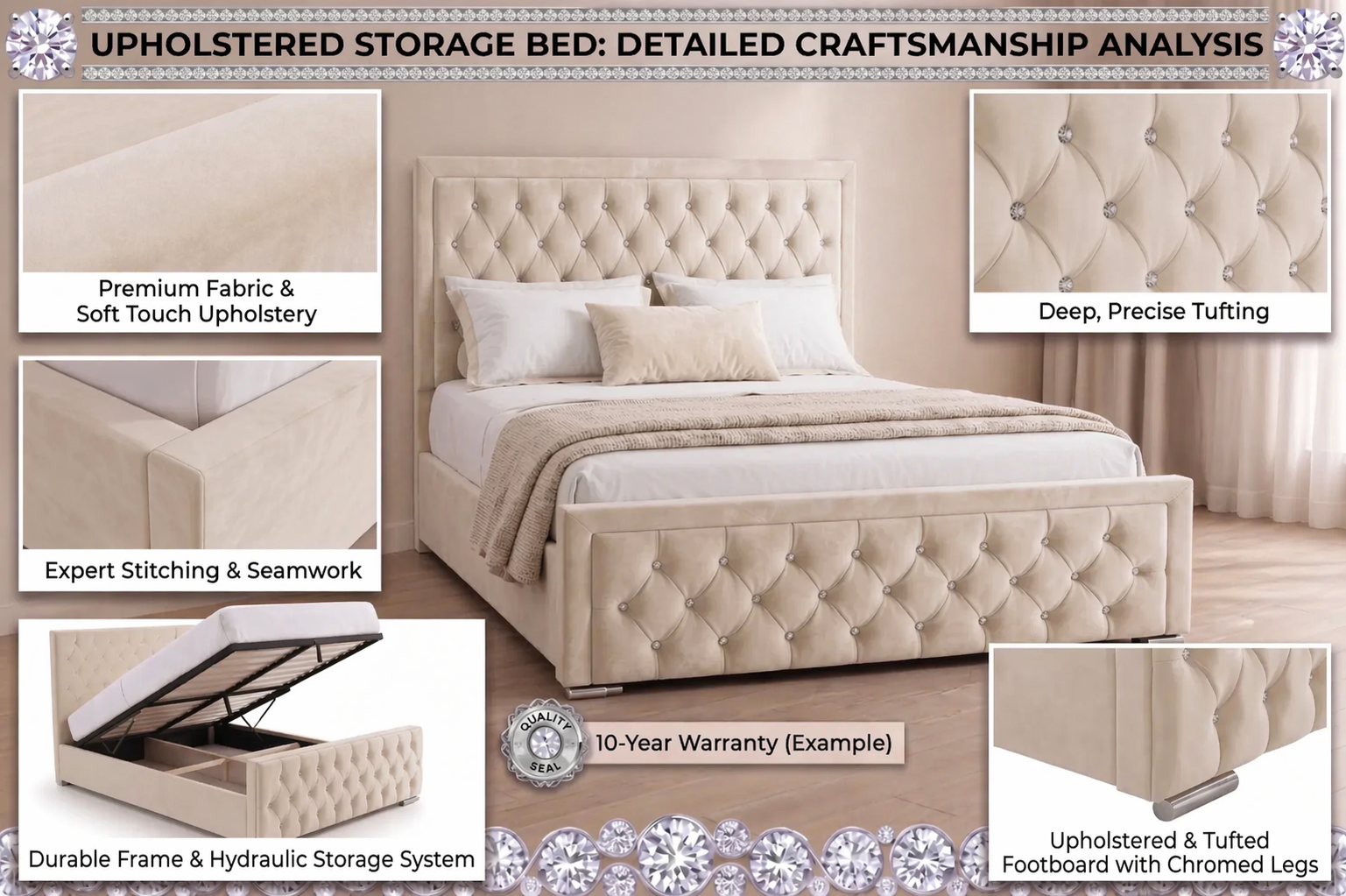 Luxury Hilton Chesterfield Velvet Bed with matress| Diamond Tufted & Steel Legs
