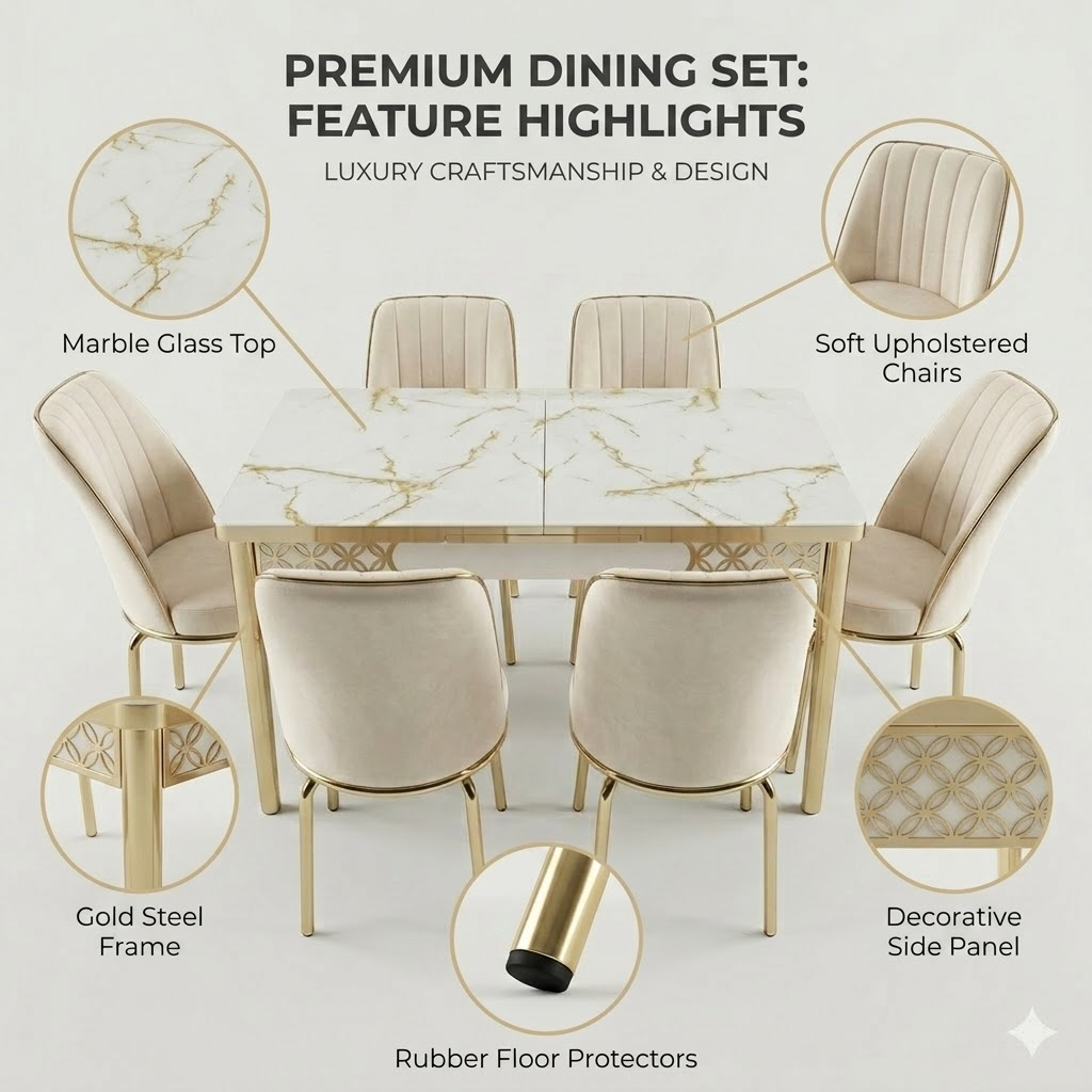 Dining set with marble glass top, gold steel frame, soft upholstered chairs, and decorative side panel on a light background.