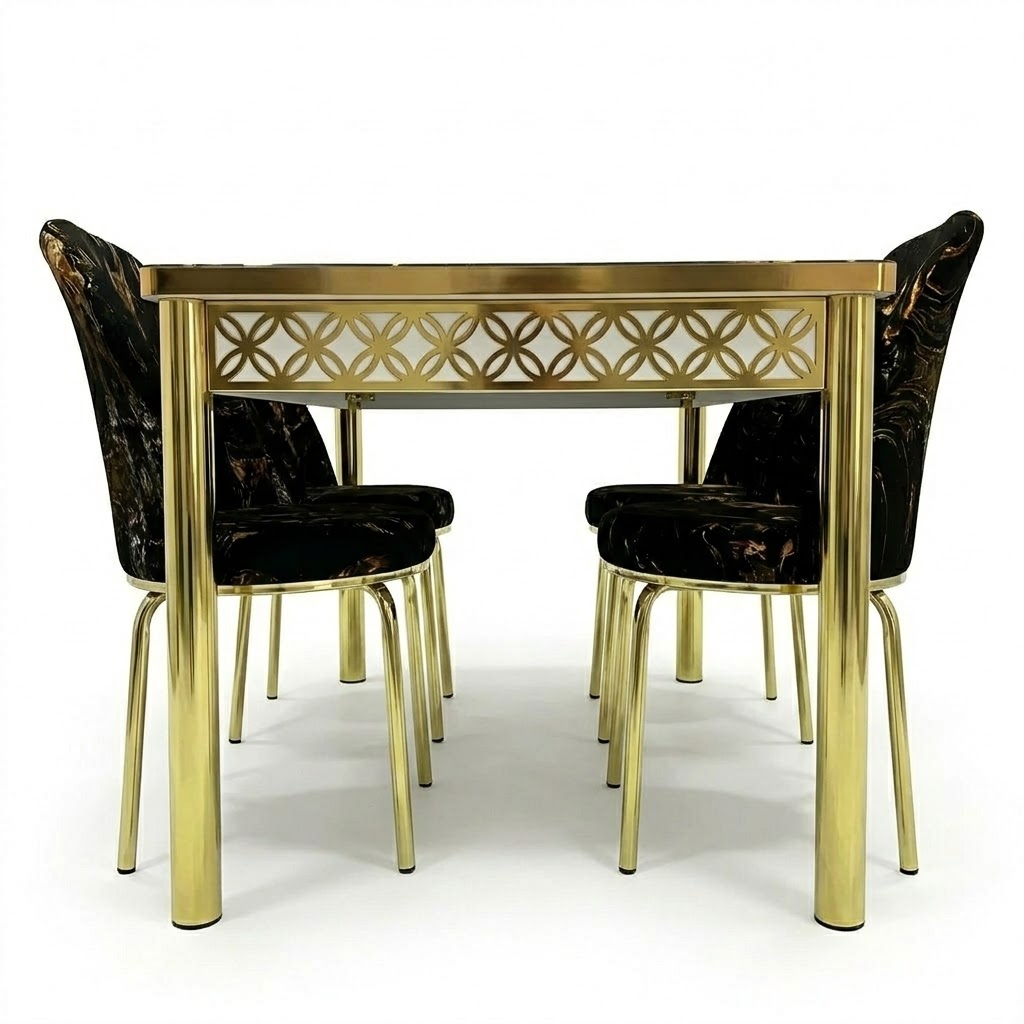 Gold dining table with black chairs on a white background