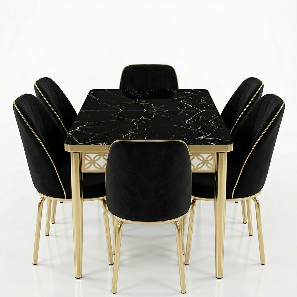 Luxury 6-Seater Black Marble Dining Table Set with Gold Frame and Upholstered Chairs