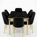 Luxury 6-Seater Black Marble Dining Table Set with Gold Frame and Upholstered Chairs