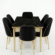 Luxury 6-Seater Black Marble Dining Table Set with Gold Frame and Upholstered Chairs