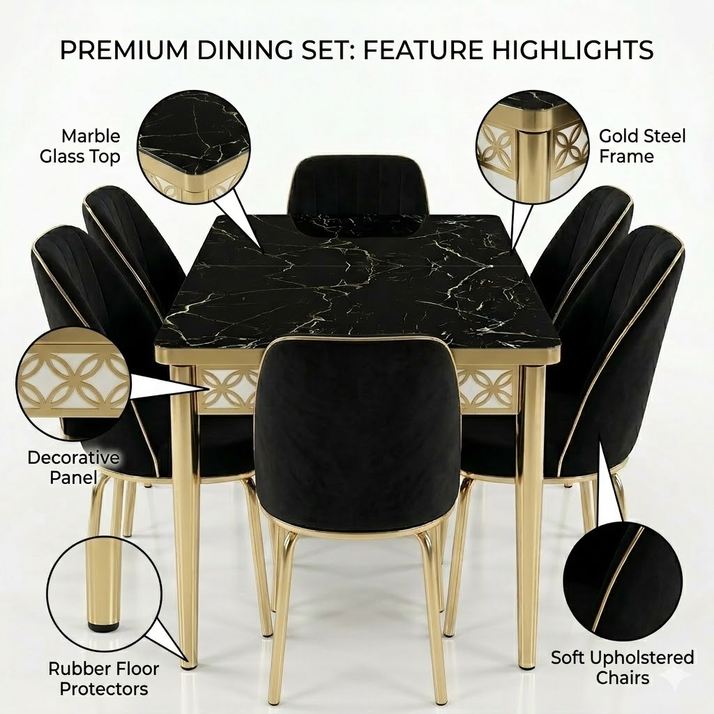 Luxury 6-Seater Black Marble Dining Table Set with Gold Frame and Upholstered Chairs