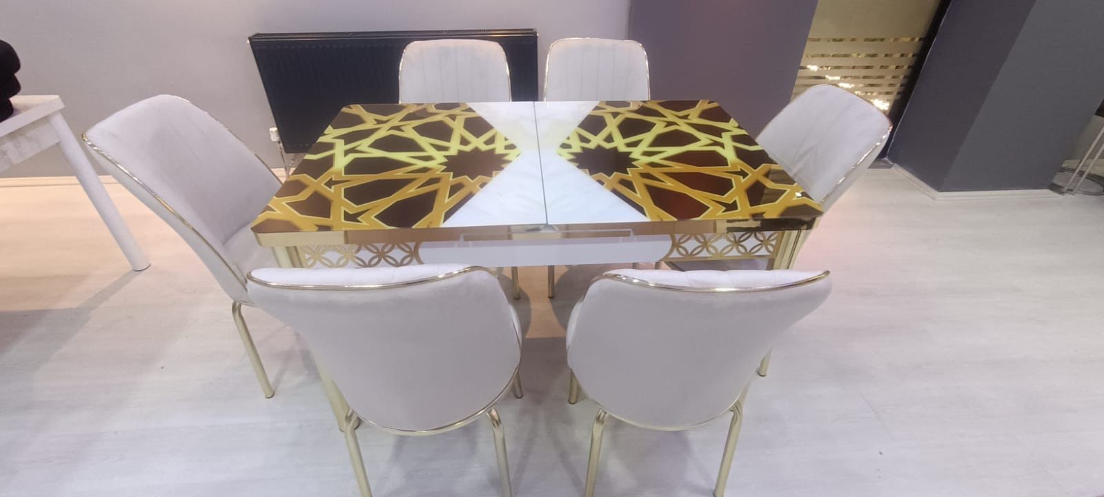 White and Golden luxury dining table with 6 chairs