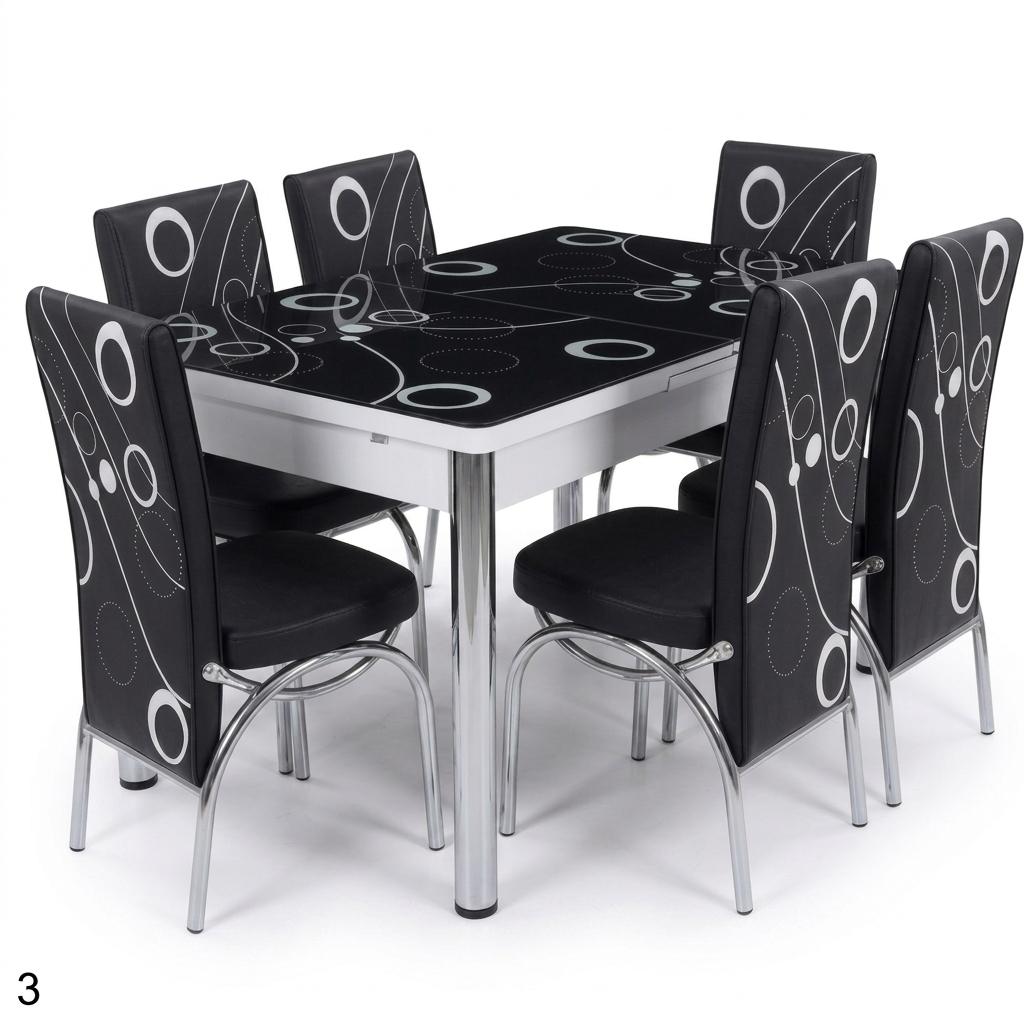 Premium Black Turkish Dining Set with Printed Glass Top and 6 Chairs