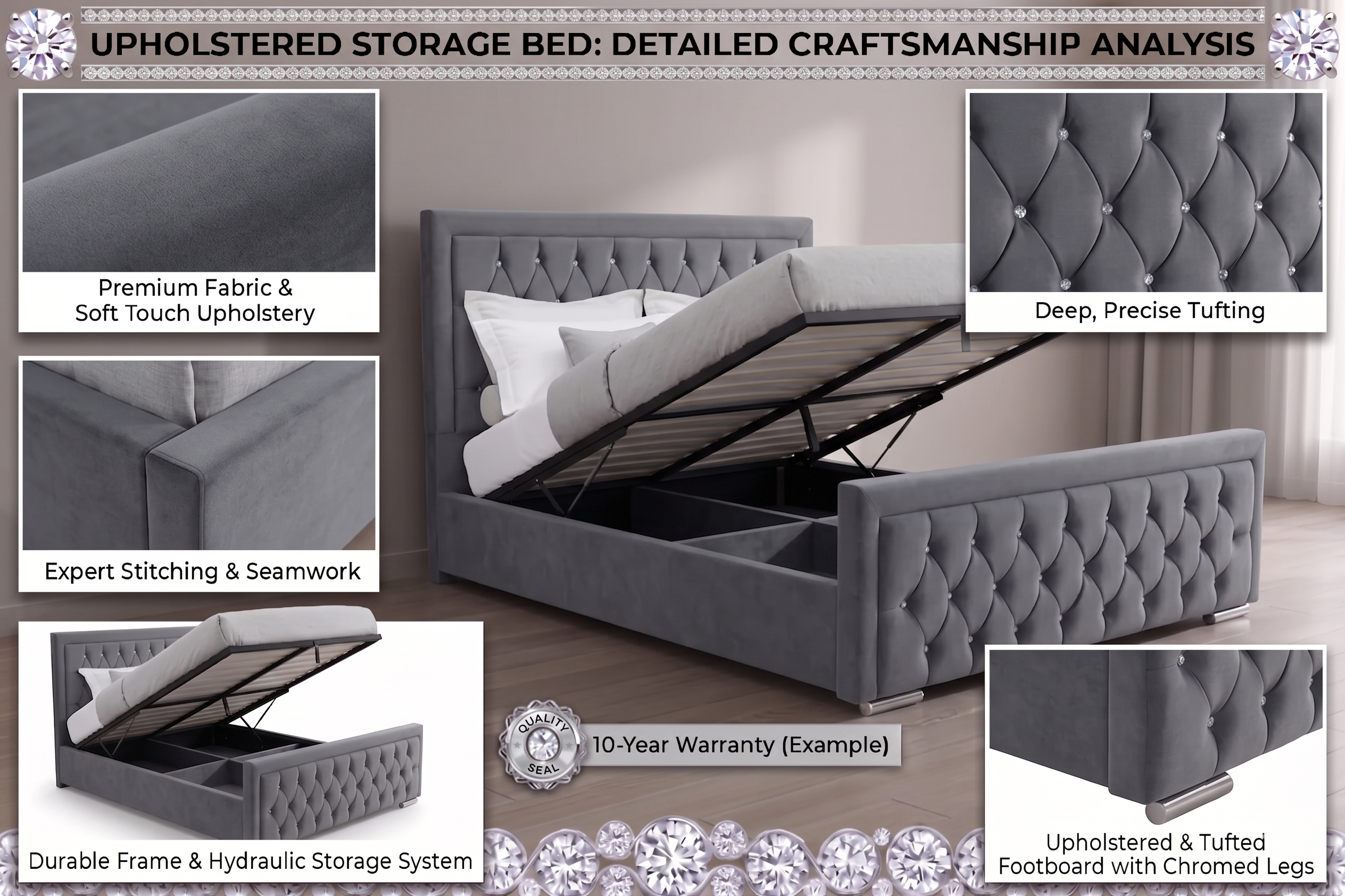 Luxury Hilton Chesterfield Velvet Bed with matress| Diamond Tufted & Steel Legs