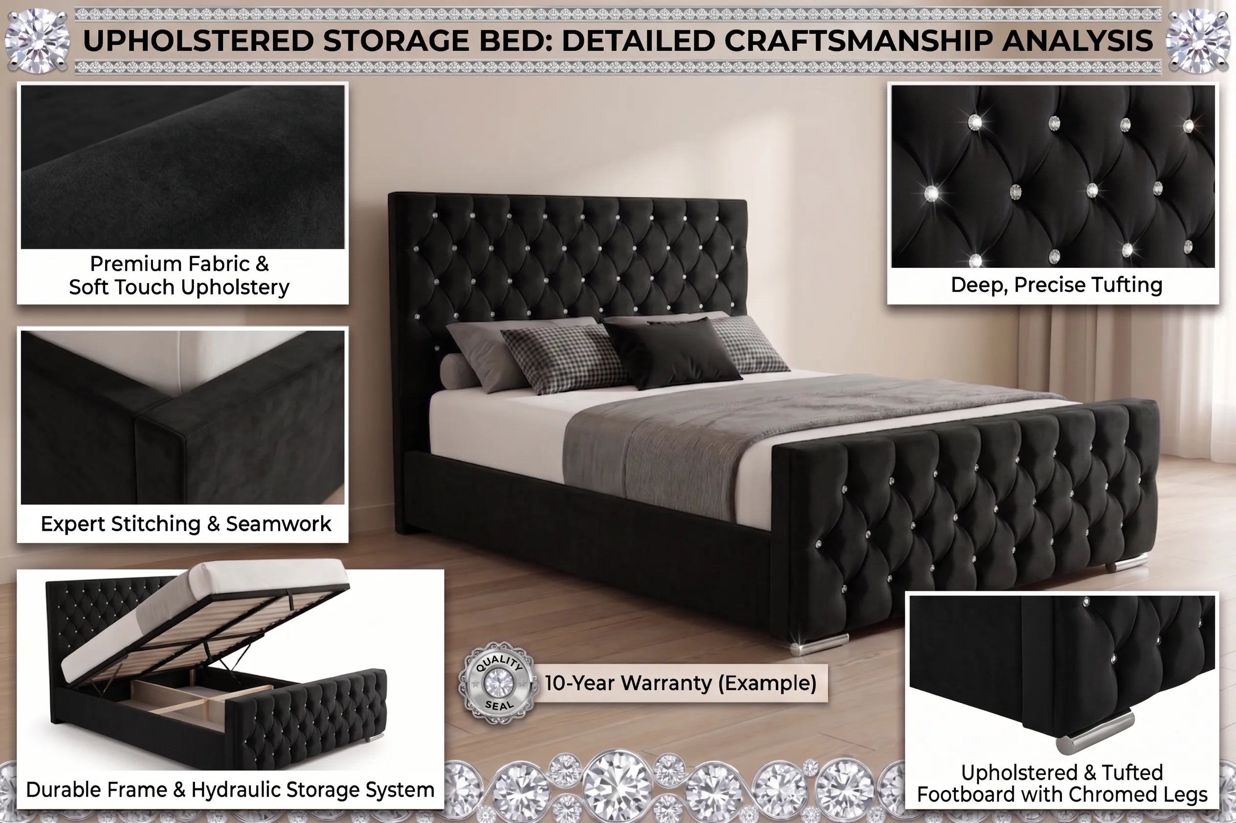 Upholstered storage bed with detailed craftsmanship analysis on a neutral background