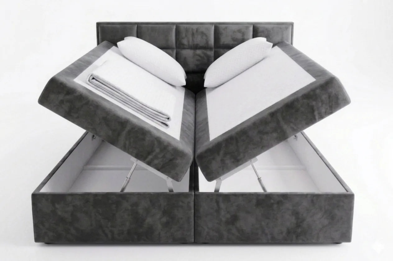 Open jewelry box with gray interior and white jewelry on a white background