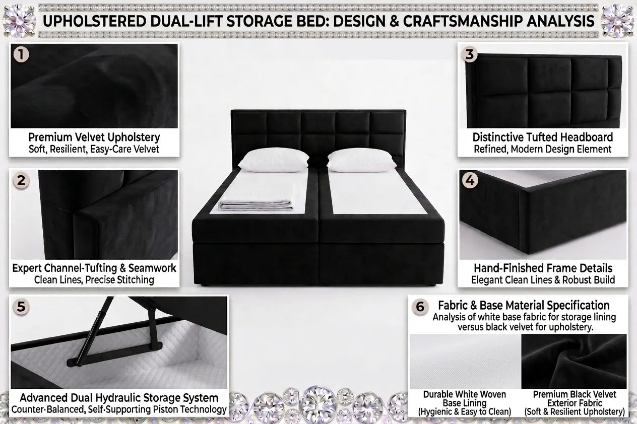 Upholstered dual-lift storage bed with design and craftsmanship analysis on a white background.