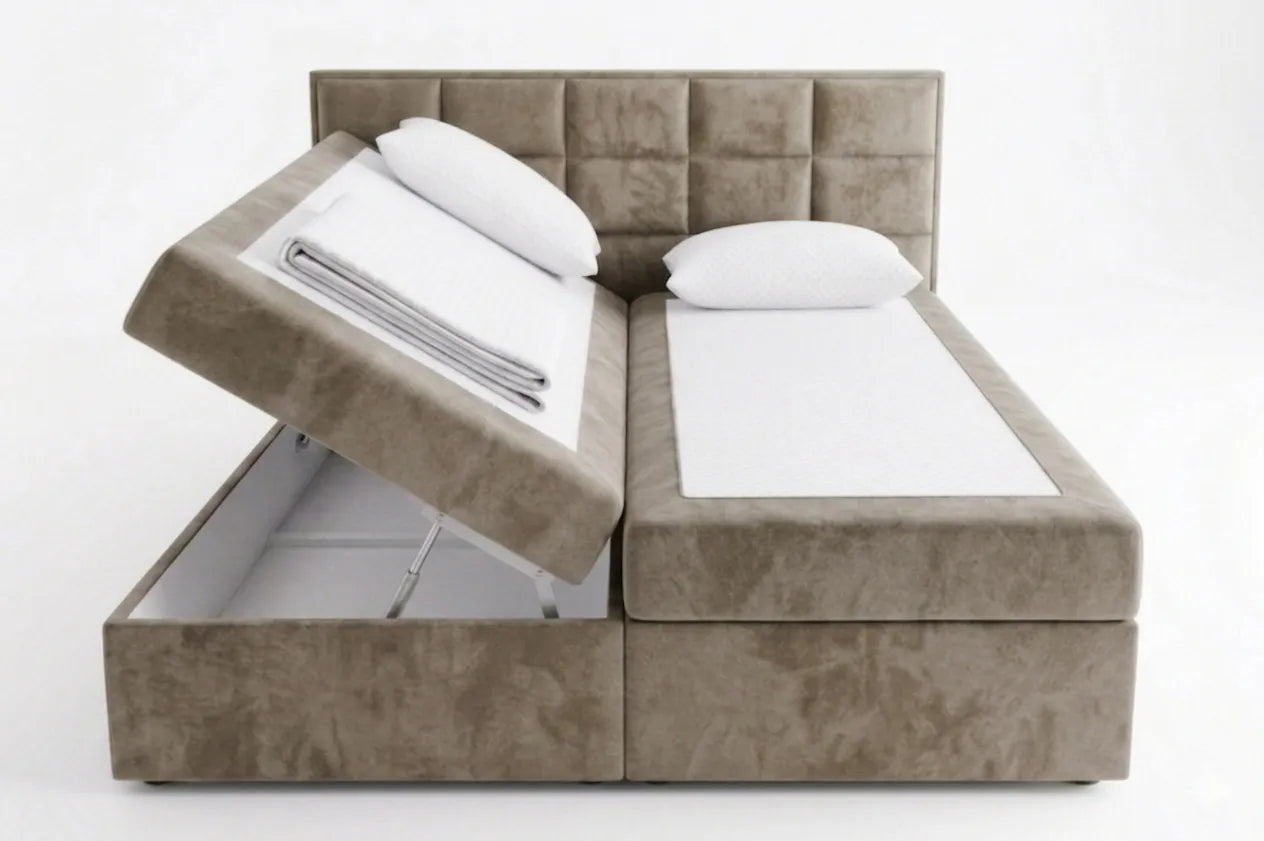 Brown upholstered bed with storage drawers on a white background